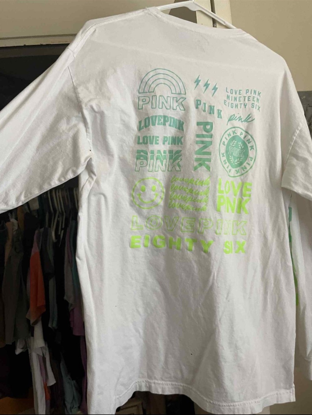 PINK Victoria's Secret White Tee with Mint & Neon Yellow Prints